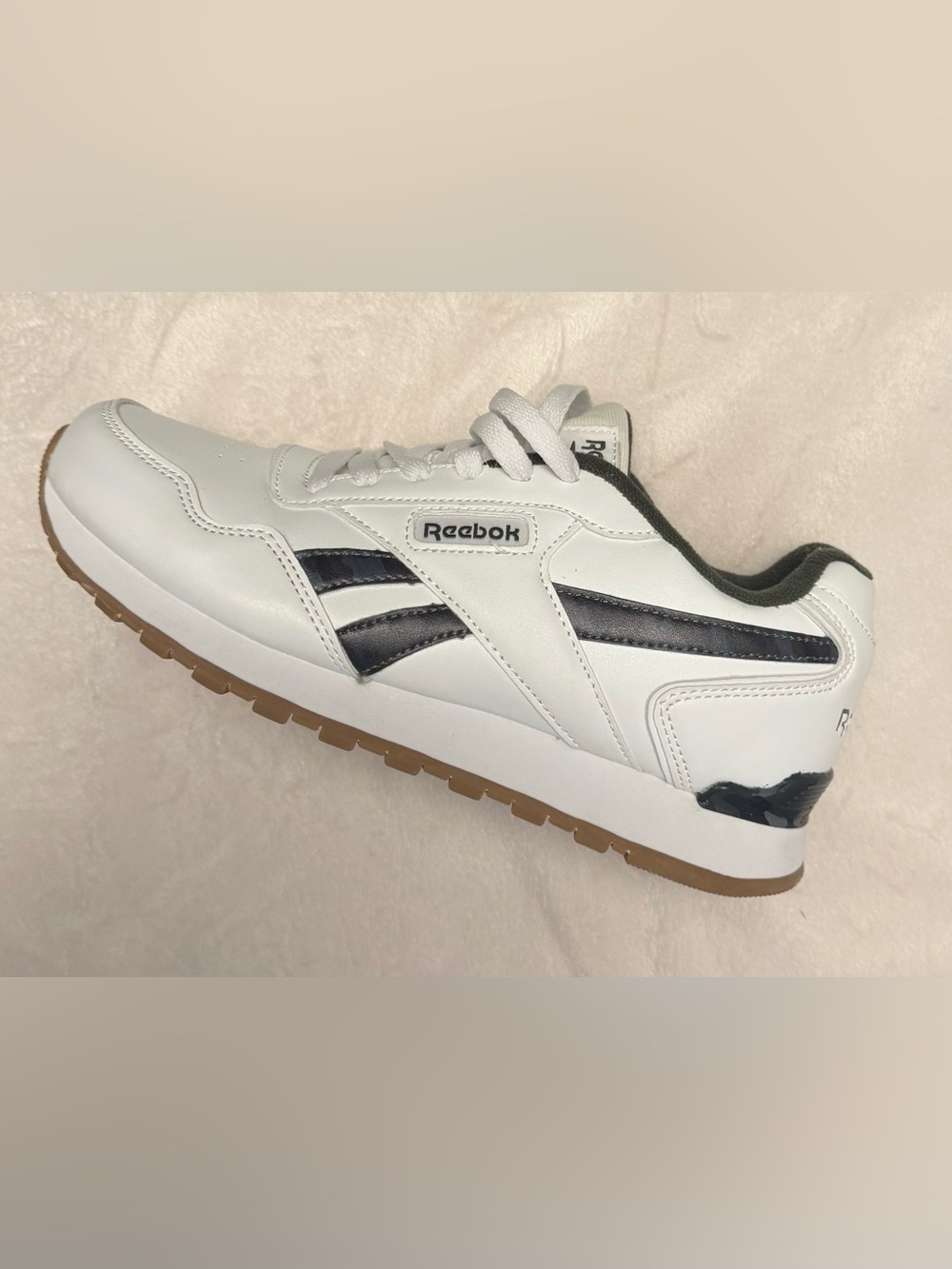 Reebok Women’s White Sneakers with Black Camo and Army Green Interior